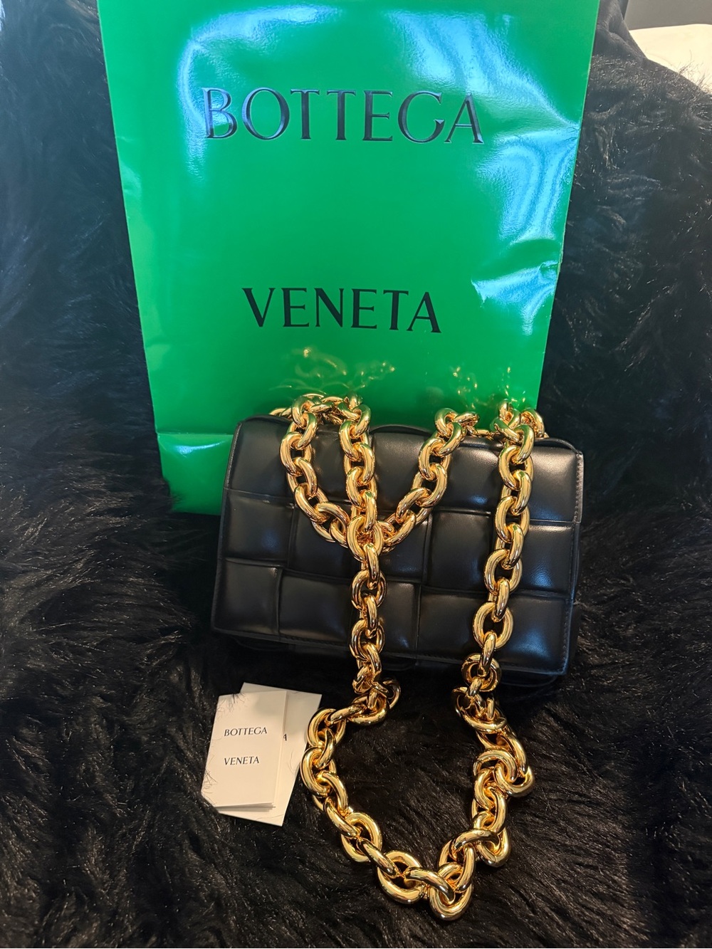 Bottega Veneta Black Padded Leather Shoulder Bag with Gold Chain Strap